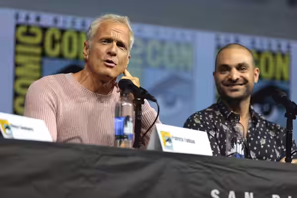 Patrick Fabian and Michael Mando speaking at the 2018 San Diego Comic Con International, for "Better Call Saul", at the San Diego Convention Center in San Diego