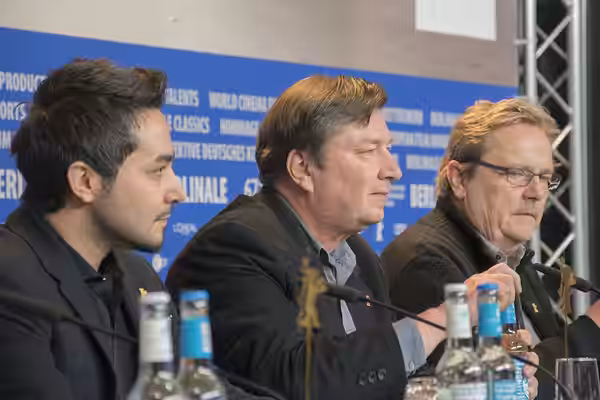 Sherwan Haji, Aki Kaurismäki and Sakari Kuosmanen at the press conference of the film The Other Side of Hope at the 2017 Berlin International Film Festival