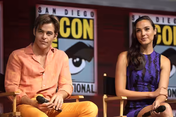 Chris Pine and Gal Gadot speaking at the 2018 San Diego Comic Con International, for "Wonder Woman 1984", at the San Diego Convention Center in San Diego, Calif