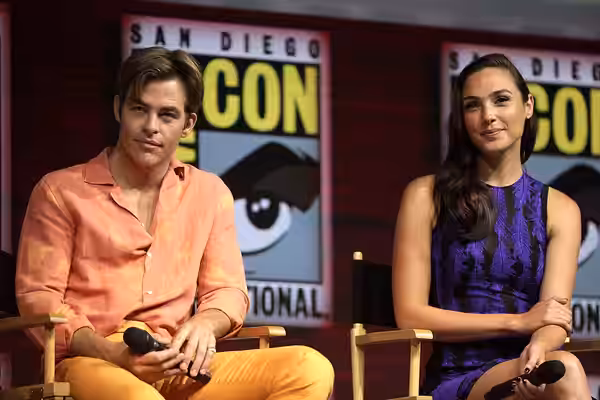 Chris Pine and Gal Gadot speaking at the 2018 San Diego Comic Con International, for "Wonder Woman 1984", at the San Diego Convention Center in San Diego, Calif