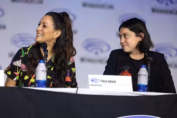 Angelique Cabral and Rosa Salazar speaking at the 2022 WonderCon, for "Prime Video: Undone", at the Anaheim Convention Center in Anaheim, California. Please att