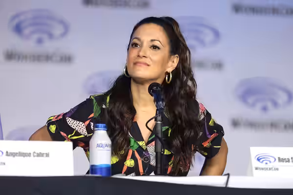 Angelique Cabral speaking at the 2022 WonderCon, for "Prime Video: Undone", at the Anaheim Convention Center in Anaheim, California. Please attribute to Gage Sk