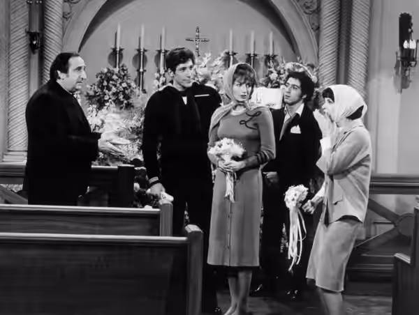 Photo from the "Falter at the Altar" episode of Laverne and Shirley. Pictured are Al Molinaro (Father Flanagan), Paul Sylvan (Sal Malina, Laverne's intended), P