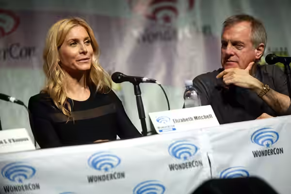 Elizabeth Mitchell and Stephen Collins speaking at the 2014 WonderCon, for "Revolution", at the Anaheim Convention Center in Anaheim, California. Please attribu