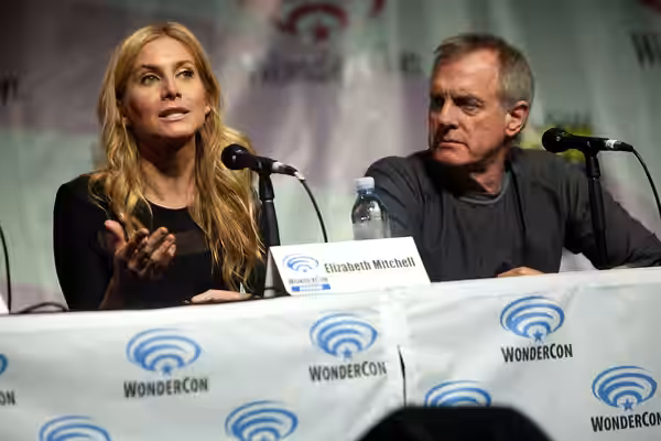 Elizabeth Mitchell and Stephen Collins speaking at the 2014 WonderCon, for "Revolution", at the Anaheim Convention Center in Anaheim, California. Please attribu