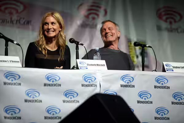 Elizabeth Mitchell and Stephen Collins speaking at the 2014 WonderCon, for "Revolution", at the Anaheim Convention Center in Anaheim, California. Please attribu