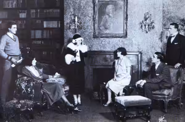 Scene from Act I of the Broadway production of 'Mrs. Partridge Presents' (1924), with Edward Emery Jr as Philip Partridge, Blanche Bates as Maisie Partridge, Ru (1925)