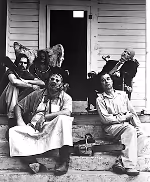 (Left to right) Edwin Neal, Gunnar Hansen, and Jim Siedow as the hitchhiker, Leatherface, and the old man in The Texas Chain Saw Massacre (1974).