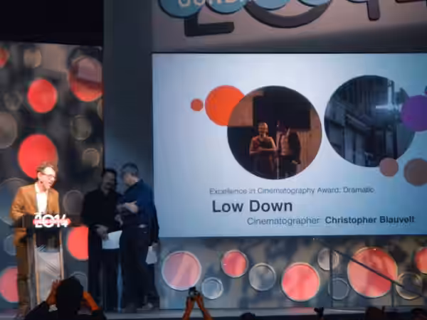 Director Jeff Preiss accepting the US Dramatic Award for Cinematography on behalf of Christopher Blauvelt at the Sundance 2014 Awards Ceremony