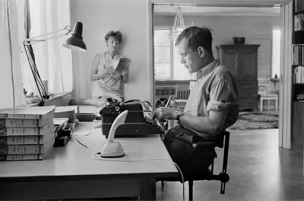 Photograph of the Swedish actor Harriet Andersson and the Finnish writer/director Jörn Donner, presumably in Stockholm. (There is a 1964 telephone book of Stock