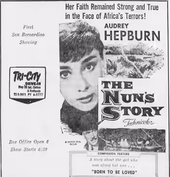 Tri-City Drive-In theater advertisement for the American drama film The Nun's Story (1959). 7 October 1959.