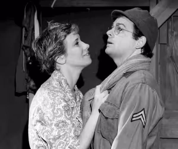 Photo of Gary Burghoff as Radar and Pat Stevens as Nurse Baker from the television program MAS*H. After Radar's promotion to Lieutenant, Nurse Baker no longer (1977)