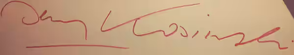 Jerzy Kosinski's signature, cropped from an image of this signed flyleaf from a copy of his book Passion Play: (2019)