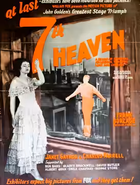 Advertisement for the American romantic drama film 7th Heaven (1927) with Janet Gaynor, part of a 2 page advertisement on pages 3 and 4 of the May 10, 1927 Film