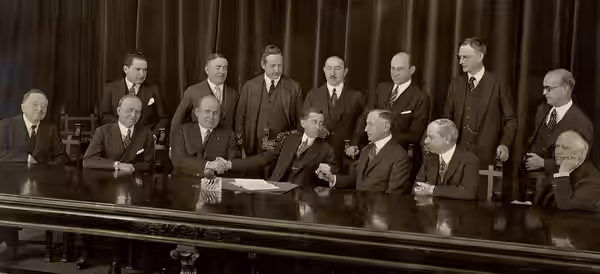 Photo of the first meeting of the Motion Picture Producers and Distributors of America (MPPDA), March 10, 1922. Pictured left to right, top row: Myron Selznick 