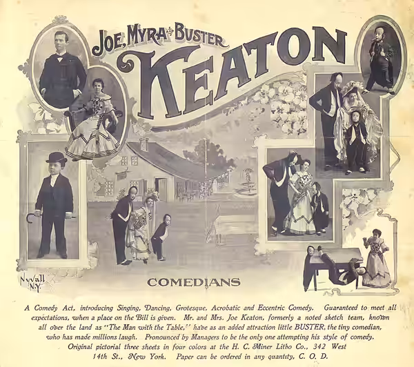 Advertisement for lithographic prints depicting Joe, Myra, and Buster Keaton.