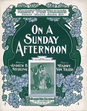Sheet music cover: "On A Sunday Afternoon" 1 vocal score (5 p.) ; 36 cm. Illustrated cover with Joe, Myra and Buster Keaton. (1902)