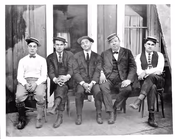 From left to right: Buster Keaton, Clyde A. Bruckman, writer and "gag" man; Joseph A. Mitchell, author; Jean C. Havez, author and song writer; and Eddie Cline, (1923)