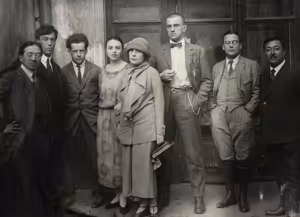 From the left, Japanese writer Tomizi Tamiji Naito (1885-1965), Boris Pasternak, Sergei Eisenstein, Olga Tretyakova, Lilya Brik, Vladimir Mayakovsky, Arseny Voz (1924)