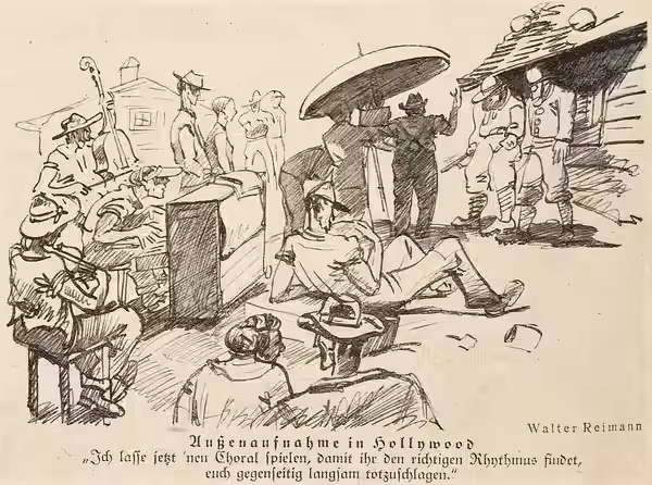 Walter Reimann: Außenaufnahmen in Hollywood, 1929. Aus der Kunst- und Literaturzeitschrift "Jugend", Ausgabe Nr. 20/1929