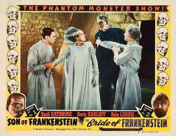 Colored lobby card for the 1935 film Bride of Frankenstein, featuring Colin Clive, Elsa Lanchester, Boris Karloff and Ernest Thesiger. This image is assumed to  (1953)