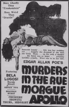 Apollo Theatre advertisement for the film, Murders in the Rue Morgue. 10 February 1932.