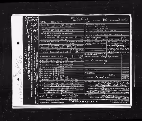 Vera West's corrected death certificate page 1. California, County Birth and Death Records, 1800-1994 (1947)