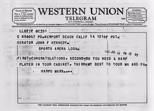 Scope and content: Telegram from Harpo Marx to John F. Kennedy congratulating him on receiving the Democratic Party's nomination for President of the United Sta