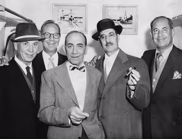 Photo of all 5 Marx brothers from an appearance they made on the Tonight! show. From left-Harpo, Zeppo, Chico, Groucho and Gummo.