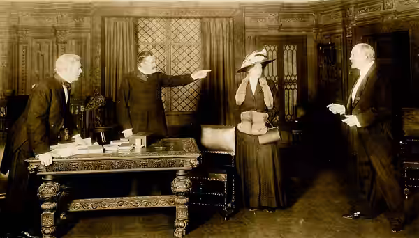 A scene from The Third Degree. No date. Includes Edmund Breese, Ralph Delmore, Helen Ware, and John Flood. Subjects: plays, actors, actresses, actors (1909)