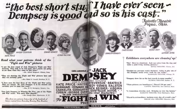 Advertisement for the American boxing film series Fight and Win (1924) consisting of ten 2-reel episodes with Jack Dempsey, Kate Price, Hayden Stevenson, Beatri