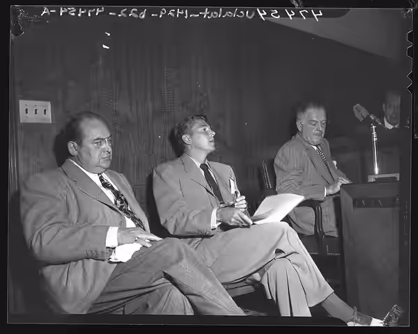 Believed to have been published in the LA Times in August 1947. CAPTION TESTIFY -- Actors Edward Arnold, left, and Ronald Reagan, officers of Screen Actors' Gui