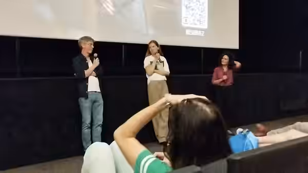 Swann Arlaud et Justine Triet présentant "Anatomie d'une chute" en avant-première au MK2 Nation, le 17 août 2023.
