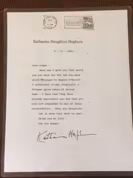 Copy of letter written by Katherine Hepburn to Gump's department store in San Francisco in 1992 in hopes of acquiring a Chinese teak bed originally owned by Eug (2017)