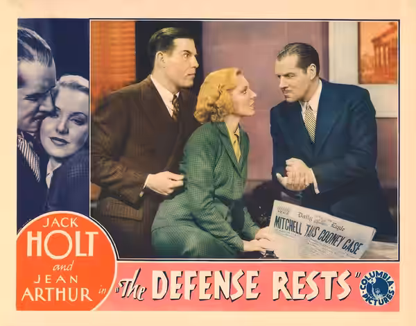 Lobby card for the 1934 film The Defense Rests