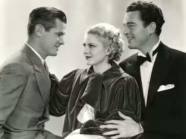 Still from the American drama film Song and Dance Man (1936). Pictured, from left: Paul Kelly, Claire Trevor, and Michael Whalen.