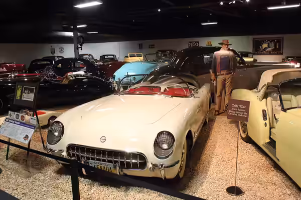 White colored, 1953 built Chevrolet Corvette Convertible, originally owned by John Wayne. Shown in the National Automobile Museum in Reno, NV, 2019.