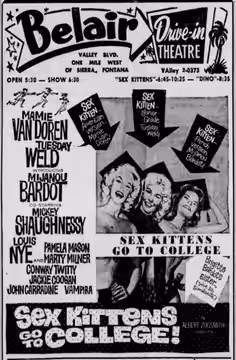 Belair Drive-In theater advertisement for the American comedy film Sex Kittens Go to College (1960). 5 October 1960.