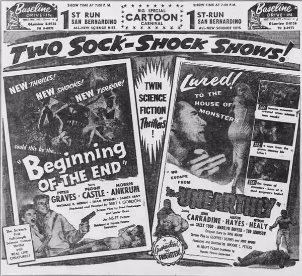 Baseline Drive-In theater advertisement for the double feature, sci-fi films Beginning of the End (1957) and The Unearthly (1957). From the 20 September, 1957 S