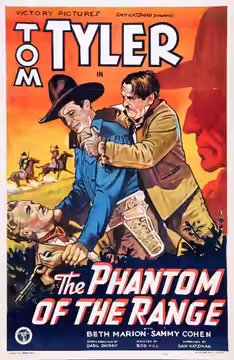 Poster for the 1936 film Phantom of the Range. There are no copyright marks on the poster. At bottom left is Country of origin USA and the Victory logo. At bott