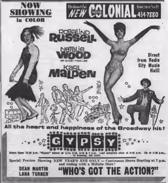 Colonial Theater advertisement for the American musical film Gypsy (1962) - 28 Dec. 1962 Morning Call, Allentown PA