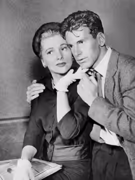 Photo of Joan Fontaine and Maximilian Schell from the Desilu Playhouse presentation of the drama Perilous. (1959)