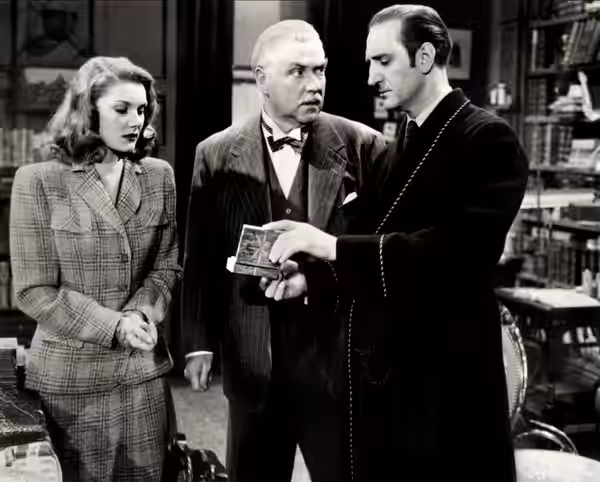 L. to R. : Eve Amber, Nigel Bruce &amp; Basil Rathbone in The Woman in Green (1945)