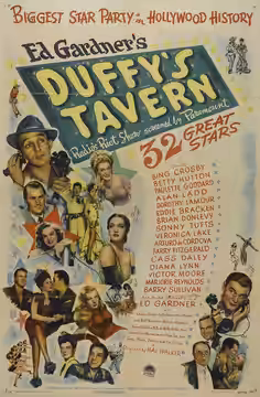 Theatrical Release poster for the 1945 film Duffy's Tavern, a Paramount all star comedy starring Bing Crosby and Betty Hutton.