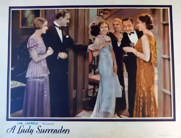 Lobby card for the American romantic drama film A Lady Surrenders (1930) with Rose Hobart, Conrad Nagel, Vivien Oakland, Genevieve Tobin, Franklin Pangborn, and