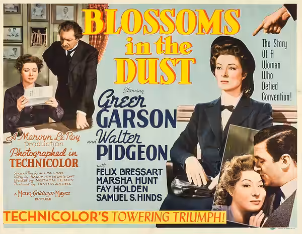 Lobby card for the American film Blossoms in the Dust (1941).