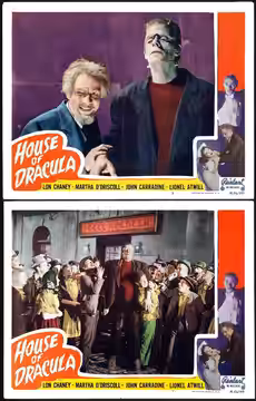 House of Dracula lobby cards, featuring Lionel Atwill and Glenn Strange. Images are assumed to be in the public domain as no copyright notice is in evidence. (1950)