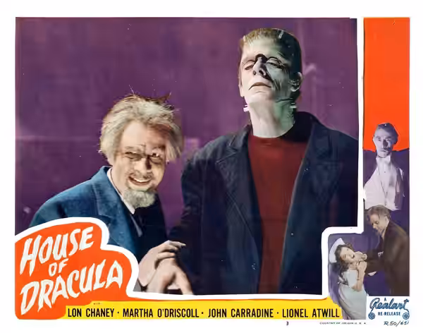 House of Dracula lobby card, featuring Lionel Atwill and Glenn Strange. Image is assumed to be in the public domain as no copyright notice is in evidence. (1950)