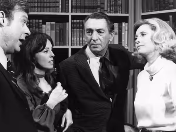 Cast photo from the daytime drama Days of Our Lives. Pictured from left:Edward Mallory, Denise Alexander, Macdonald Carey and Susan Flannery.