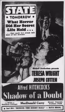State Theatre advertisement for the film, Shadow of a Doubt. 9 February 1943.